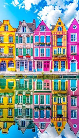 Colorful buildings reflection in water adds to urban design artの素材