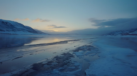 Frozen Lake at Sunrise with Snow-Covered Mountains in Winterの素材