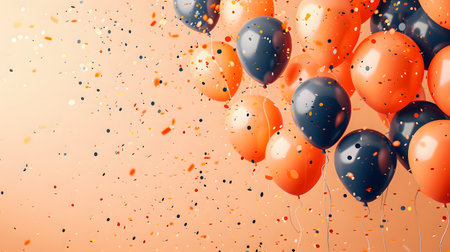 Liquid orange balloons and confetti float in the airの素材