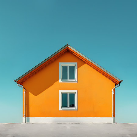 A bright orange house with a blue sky, framed by a wooden rectangle windowの素材