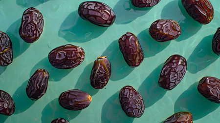 Dried Dates on Green Background Creating Shadows in Sunlightの素材