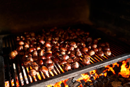Bunch of fresh chestnuts are baked on a grill grate over a fireの写真素材