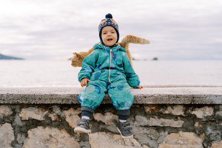 Ginger cat rubs against the back of a smiling little girl sitting on a stone fence on the beachの写真素材