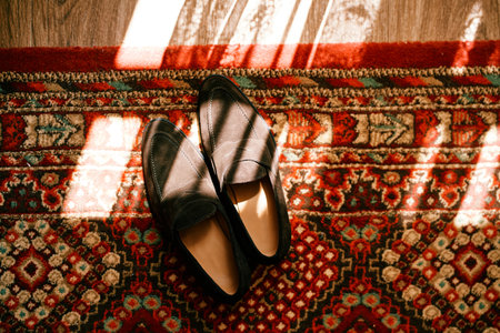Groom brown suede shoes stand on a colorful rug on the floor