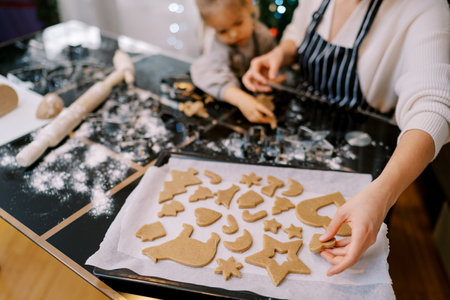 Mom places cut out cookies on a baking sheet while sitting at the table with her little daughter. Croppedの写真素材
