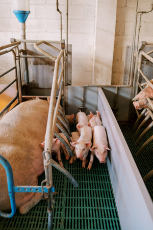 Little piglets walk around the pen near sleeping sow. High quality photoの写真素材