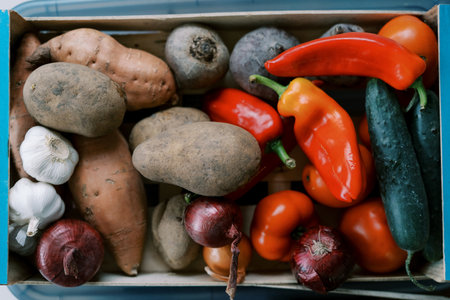 Multi-colored fresh vegetables lie in a wooden box. Top viewの写真素材