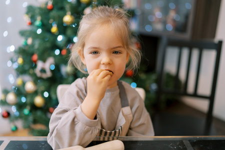 Little girl trying Christmas cookies while sitting in an apron at the tableの写真素材