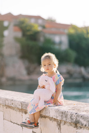 Little thoughtful girl sits hugging a plush hare on a stone fence by the seaの写真素材