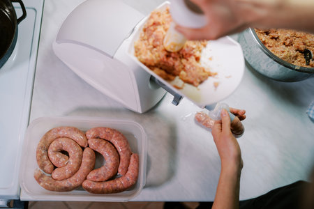 Cook stuffs the gut with minced meat on an electric meat grinder, pushing it with a pusher. Top viewの写真素材