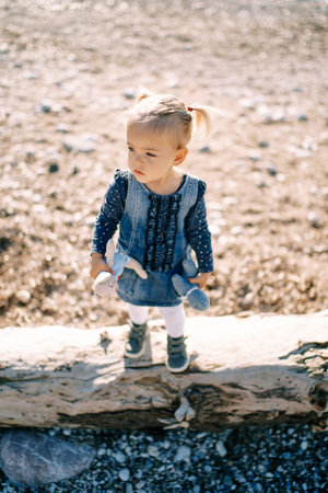 Little girl with toys in her hands stands on a snag on the beach and looks awayの写真素材