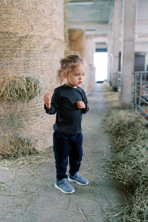 Little girl stands near a haystack on a farm and looks at the paddockの写真素材