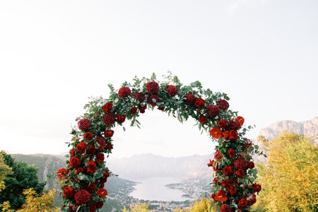 View through the red wedding arch from the mountain to the Bay of Kotor. Montenegroの写真素材