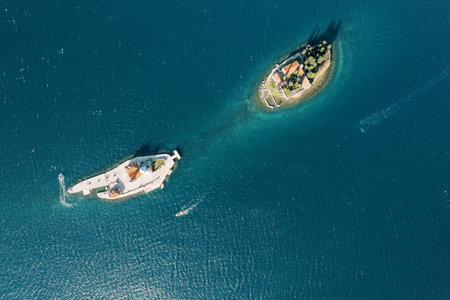 Island of Gospa od Skrpjela is opposite the island of St. George in the Bay of Kotor. Top view