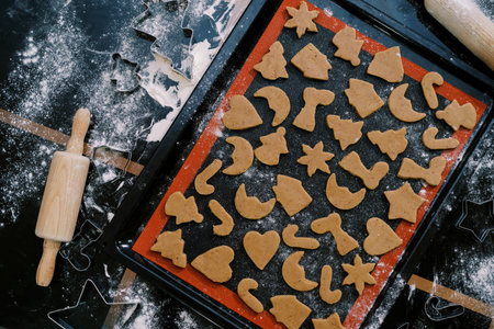 Unbaked Christmas cookies lie on a baking sheet on the table. Top viewの写真素材