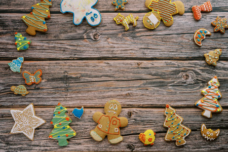 Glazed cookie ornament lies on a rough dark wooden backgroundの写真素材