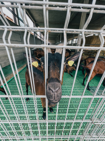 Brown goat pokes its nose between the bars of a fenceの写真素材