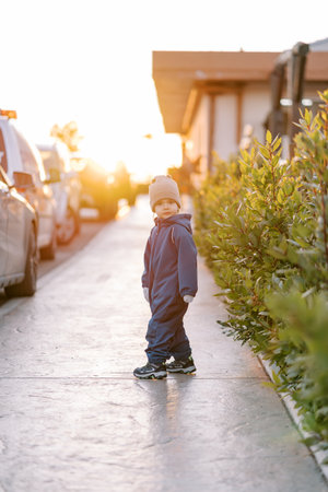 Little girl looks around while standing on a sunny sidewalk near parked cars. Back viewの写真素材