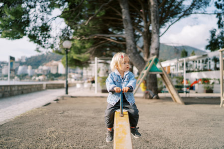 Little girl sits on a swing-balancer holding the handleの写真素材