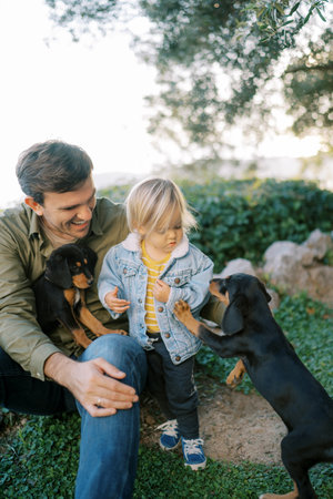 Puppy stands on its hind legs leaning on a little girl standing next to dad sitting on the grass with a puppy on his kneesの写真素材