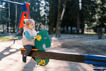 Little girl sits on a swing-balancer in the park. Side viewの写真素材