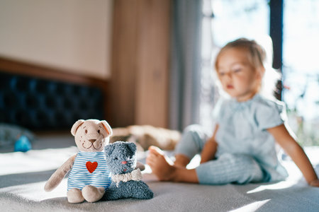 Teddy bear and a toy cat are sitting on the bed embracing against the background of a little girlの写真素材
