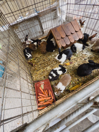 Fluffy rabbits in the fence eat carrots and corn cobsの写真素材