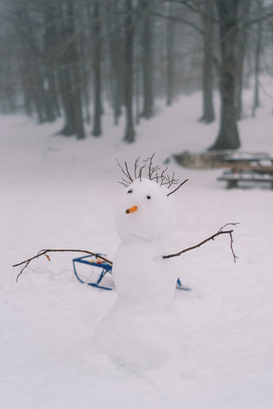 Snowman with stick hair and a carrot nose stands near a sled in a snowy meadow in the forestの写真素材