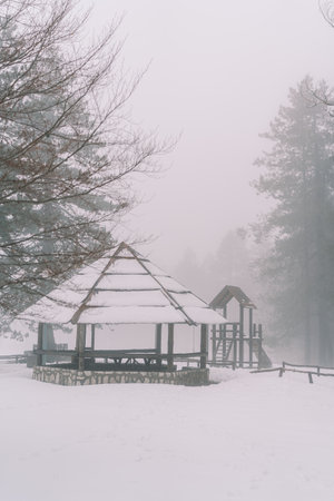 Snow-covered round gazebo in a winter foggy parkの写真素材