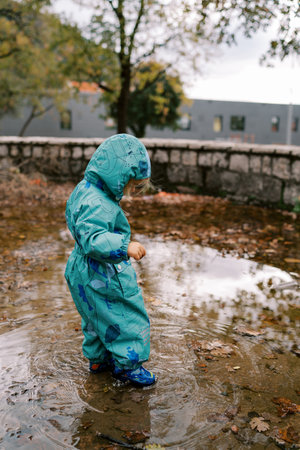 Little girl in overalls and rubber boots stands in a puddle in an autumn park and looks under her feet. Side viewの写真素材