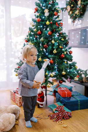 Little smiling girl stands with a toy duck in her hands near a decorated Christmas tree with giftsの写真素材