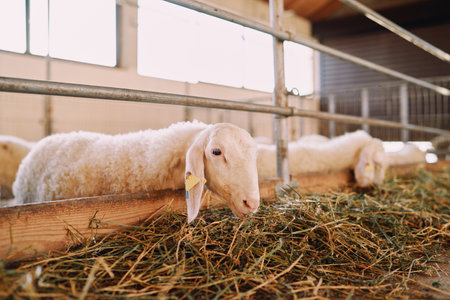 White curly sheep eating hay leaning out from behind a fence in a farmの写真素材