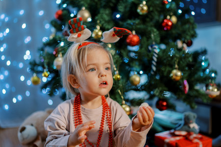 Little girl in a New Year hoop and red beads sits near the Christmas tree and looks awayの写真素材
