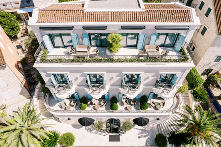 Luxurious Terra hotel with terraces and panoramic windows. Dobrota, Montenegro. Droneの写真素材