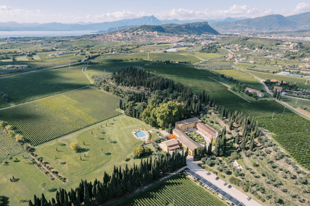 Green fields, forest and swimming pool near Villa Cordevigo. Verona, Italy. Aerial viewの写真素材