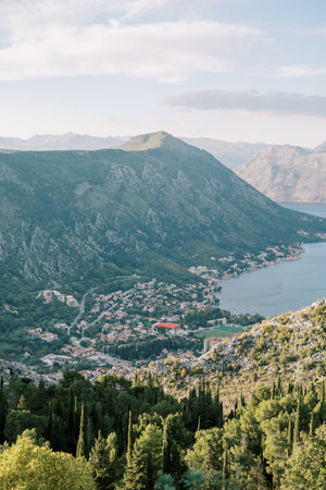 View from Mount Lovcen to the Bay of Kotor and the ancient town. Montenegroの写真素材