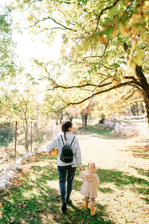 Mother and a little girl walk holding hands through a green garden. Back viewの写真素材