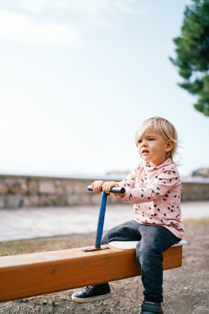 Little girl sits on a swing-balancer and holds on to the handleの写真素材