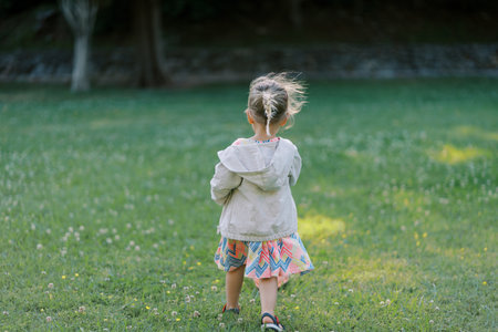 Little girl with her hair fluttering in the wind is walking along a green lawn. Back viewの写真素材