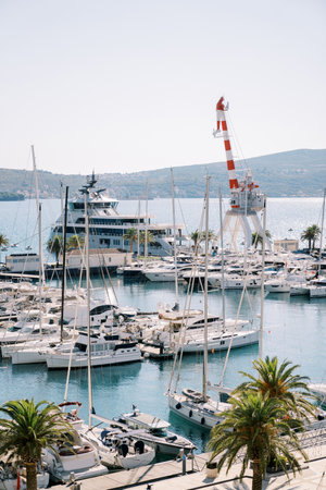 Yachts moored in a row at the pier with a harbor craneの写真素材