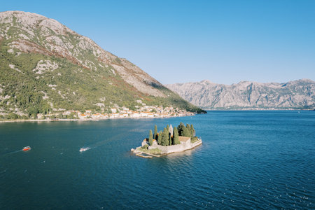 Ancient monastery on the island of St. George. Bay of Kotor, Montenegro. Droneの写真素材