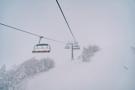 Four-seater chairlift rises above a snow-covered forest along a misty mountainsideの写真素材