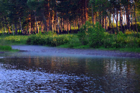 Fog in the evening on the river in summer