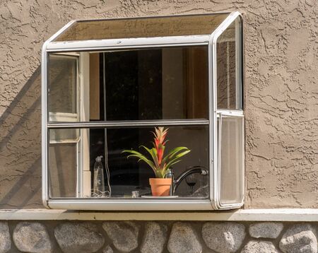 garden bay kitchen window with flower behind the glass