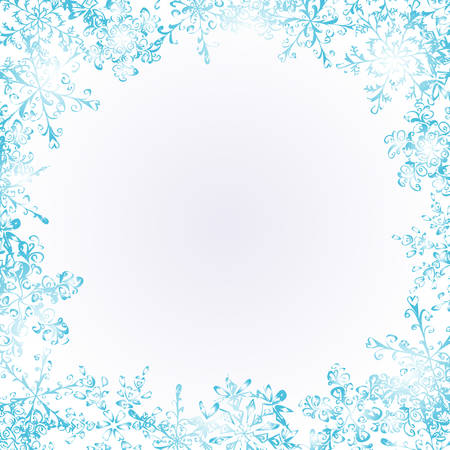 Background with a circle of hand-drawn distorted and mixed snowflakes with flourishes and heartsのイラスト素材