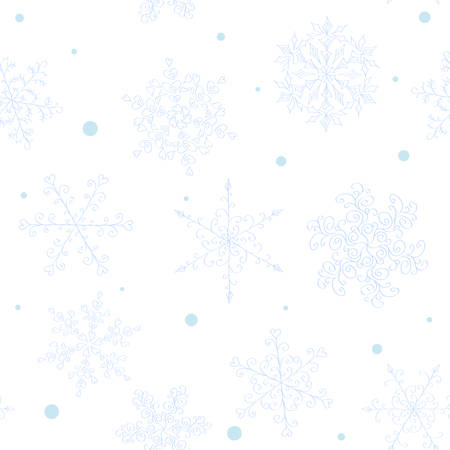 Seamless light pastel pattern of hand-drawn blue snowflake with curlsのイラスト素材
