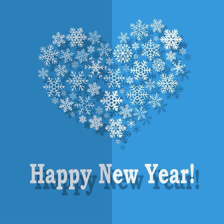 Greeting flat blue card with a heart made up of a variety of paper snowflakes and shadow. Merry Christmas! Happy New Year!のイラスト素材