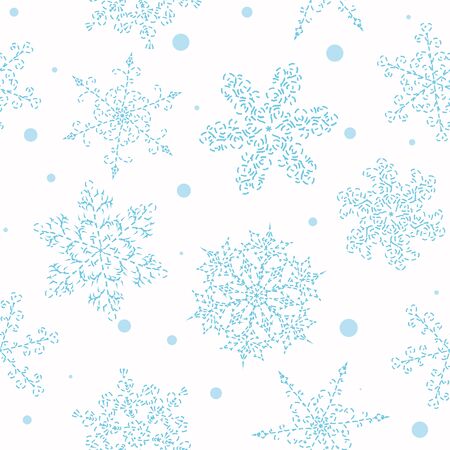 Seamless pattern with light background and  hand-drawn blue snowflake with curls embroidered of intermittent dashesのイラスト素材