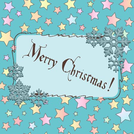 Background with stars and frame with snowflakes and greeting with Christmas. Can be used as greeting cardのイラスト素材