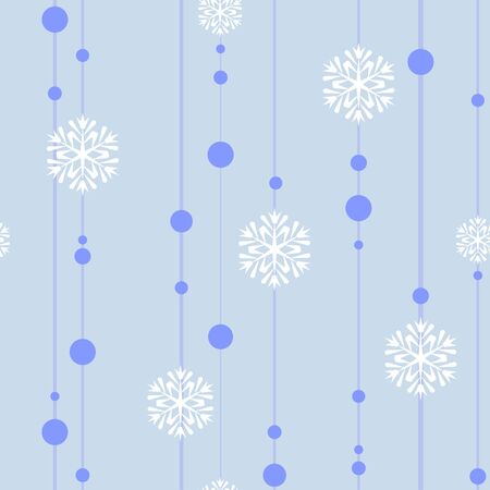 Seamless bright festive winter pattern with straight lines, beads and carved blue snowflakesのイラスト素材